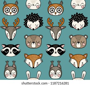 Seamless Vector Pattern With Cute Woodland Animals On Light Blue Background. 