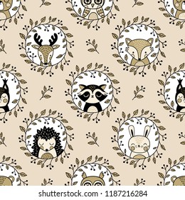 Seamless Vector Pattern With Cute Woodland Animals On Cream Background. 