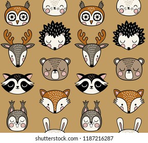 Seamless vector pattern with cute woodland animals on mustard background. 