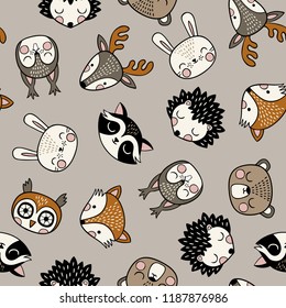 Seamless vector pattern with cute woodland animals on grey background. 