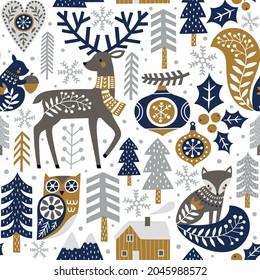 Seamless vector pattern with cute woodland animals, woods and snowflakes on white background. Scandinavian Christmas illustration. Perfect for textile, wallpaper or print design. 
