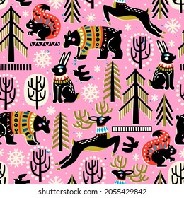 Seamless vector pattern with cute woodland animals, woods and snowflakes. Great for fabric, textile, wrapping paper. Vector Illustration