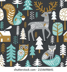 Seamless vector pattern with cute woodland animals and woods on dark grey background. Scandinavian woodland illustration. 