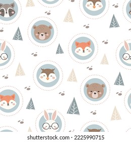 Seamless Vector Pattern with Cute woodland animals and forest elements. Childish Cartoon Animals Background. design for fabric, wrapping, textile, wallpaper and more
