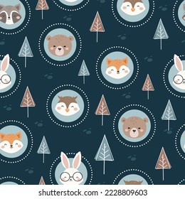 Seamless Vector Pattern with Cute woodland animals and forest elements. Childish Cartoon Animals Background. design for fabric, wrapping, textile, wallpaper and more