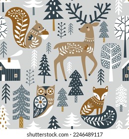 Seamless vector pattern with cute woodland animals and woods on light grey background. Scandinavian woodland illustration. 