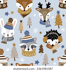 Seamless vector pattern with cute woodland animals in winter clothes. Perfect for textile, wallpaper or print design.