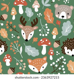 Patrón vectorial sin foco con cabezas lindas de animales de bosque, hongos, bayas y hojas. Perfecto para el diseño textil, de papel pintado o de impresión.