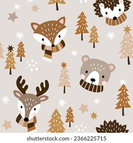 Seamless vector pattern with cute woodland animal heads and winter Christmas trees. Perfect for textile, wallpaper or print design.