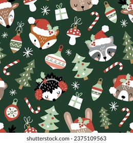 Seamless vector pattern with cute woodland animal faces and Christmas ornaments. Winter woodland with animals. Hand drawn illustration artwork. Perfect for textile, wallpaper or print design.