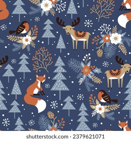 Seamless vector pattern with cute woodland animals, snowy pine trees, berries, flowers and snowflakes. Hand drawn winter landscape illustration. Perfect for textile, wallpaper or print design.