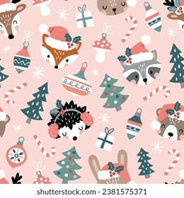 Seamless vector pattern with cute woodland animal faces and Christmas ornaments. Winter woodland with animals. Hand drawn illustration artwork. Perfect for textile, wallpaper or print design.