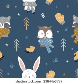Seamless vector pattern with cute woodland animals in winter. For textile, wallpaper or print design. Vector illustration