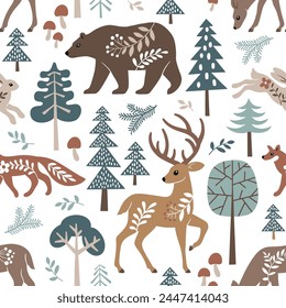 Seamless vector pattern with cute woodland animals, trees and leaves. Scandinavian woodland illustration. Perfect for textile, wallpaper or print design.