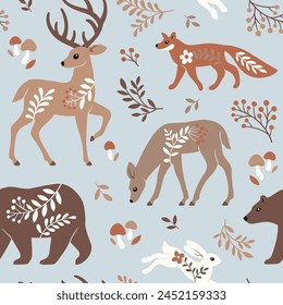 Patrón de Vector sin costuras con lindos animales de bosque, bayas y hojas. Ilustración de bosque escandinavo. Perfecto para el diseño textil, de Fondo de pantalla o de impresión.