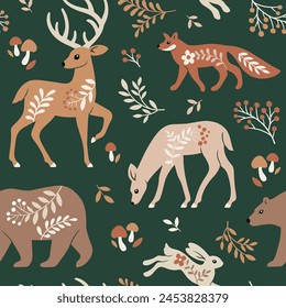 Seamless vector pattern with cute woodland animals, berries, mushrooms and leaves. Hand drawn woodland illustration. Perfect for textile, wallpaper or print design.