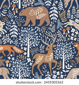 Seamless vector pattern with cute woodland animals, trees and leaves. Hand drawn Scandinavian woodland illustration. Perfect for textile, wallpaper or print design.