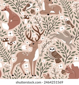 Seamless vector pattern with cute woodland animals, flowers and leaves. Perfect for textile, wallpaper or print design.