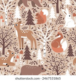 Seamless vector pattern with cute woodland animals. Hand drawn  fawn, fox, squirrel, rabbit and bear. Pine tree, birch tree, mushroom, berry and leaf. Perfect for textile, wallpaper or print design.