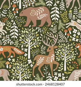 Seamless vector pattern with cute woodland animals, trees and leaves. Hand drawn Scandinavian woodland illustration. Perfect for textile, wallpaper or print design.