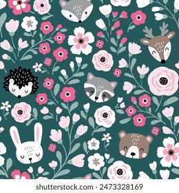 Seamless vector pattern with cute woodland animal heads on floral background. Hand drawn illustration. Perfect for textile, wallpaper or nursery print design.