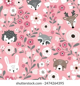 Seamless vector pattern with cute woodland animal heads on floral background. Hand drawn illustration. Perfect for textile, wallpaper or nursery print design.
