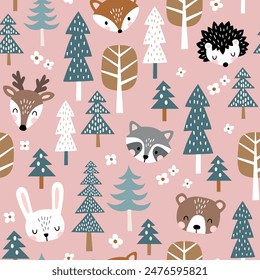 Patrón de Vector sin costuras con cabezas de animales lindas de bosque, árboles y flores. Dibujado a mano ilustración. Perfecto para el diseño de estampado textil, de Fondo de pantalla o de vivero.