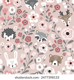 Seamless vector pattern with cute woodland animal heads on floral background. Hand drawn illustration. Perfect for textile, wallpaper or nursery print design.