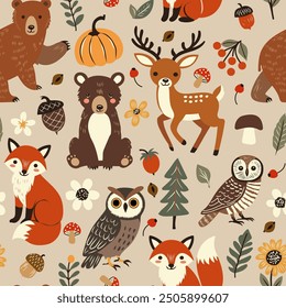 Patrón de Vector sin fisuras con lindos animales del bosque, setas, bayas y hojas. Perfecto para el diseño textil, Fondo de pantalla o estampado.