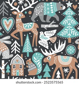 Seamless vector pattern with cute woodland animals, woods and snowflakes. Nordic forest illustration. EPS 10 vector file. Perfect for textile, wallpaper or print design.