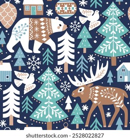 Seamless vector pattern with cute woodland animals, woods and snowflakes. Nordic forest illustration. EPS 10 vector file. Perfect for textile, wallpaper or print design.