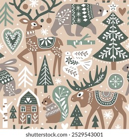 Seamless vector pattern with cute woodland animals, woods and snowflakes. Nordic forest illustration. EPS 10 vector file. Perfect for textile, wallpaper or print design.