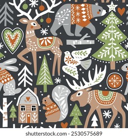 Seamless vector pattern with cute woodland animals, woods and snowflakes. Nordic forest illustration. EPS 10 vector file. Perfect for textile, wallpaper or print design.
