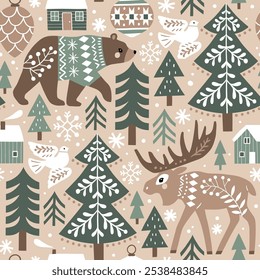 Seamless vector pattern with cute woodland animals, woods and snowflakes. Nordic forest illustration. EPS 10 vector file. Perfect for textile, wallpaper or print design.