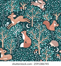 Seamless vector pattern with cute woodland animals. Hand drawn fawn, rabbit, fox and hedgehog with trees. Perfect for textile, wallpaper or print design. EPS10 vector file.