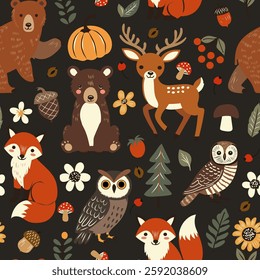 Seamless vector pattern with cute woodland animals, mushroom, berry and leaves. Perfect for textile, wallpaper or print design.