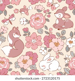 Padrão de vetor sem emenda com animais de floresta bonitos e flores de verão. Fundo floral desenhado à mão com veado, raposa, coelho branco e pássaro. Perfeito para design de impressão têxtil, papel de parede ou viveiro. 