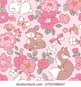 Seamless vector pattern with cute woodland animals and summer flowers. Hand drawn floral background with deer, fox, white rabbit and bird. Perfect for textile, wallpaper or nursery print design. 