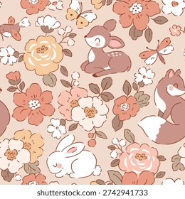 Seamless vector pattern with cute woodland animals and summer flowers. Hand drawn floral background with deer, fox, white rabbit and bird. Perfect for textile, wallpaper or nursery print design. 