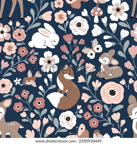 Seamless vector pattern with cute woodland animals and flowers. Cute fox, deer, rabbit, fawn, birds and butterfly on dark blue background. Perfect for textile, wallpaper or print design. 商業照片 © 
