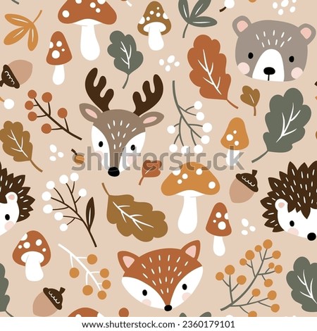 Seamless vector pattern with cute woodland animal heads, mushroom, berry and leaves. Perfect for textile, wallpaper or print design. 商業照片 © 