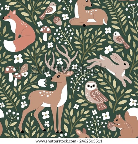 Seamless vector pattern with cute woodland animals, flowers and leaves. Perfect for textile, wallpaper or print design.