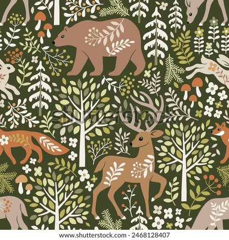 Seamless vector pattern with cute woodland animals, trees and leaves. Hand drawn Scandinavian woodland illustration. Perfect for textile, wallpaper or print design.