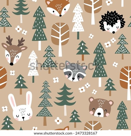 Seamless vector pattern with cute woodland animal heads, trees and flowers. Hand drawn illustration. Perfect for textile, wallpaper or nursery print design.