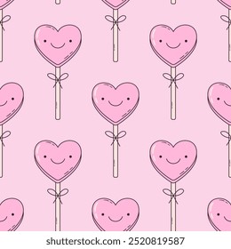 Seamless vector pattern with cute y2k heart shaped lollipop. Background with pink girly candy on stick. Positive caramel illustrations for wallpaper, wrapping paper, textile design