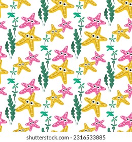 Seamless vector pattern with cute yellow and pink eyed starfish in algae. Children's marine illustration. Summer hand-drawn background for packaging, wrapping paper, banner, print, postcard, fabric