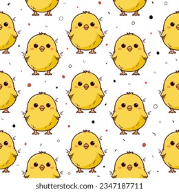 Seamless vector pattern with cute yellow baby chicks. Cartoon, doodle style. Little bird isolated on white. Illustration for spring holidays in cute hand drawn style. Meat production, bird breeding. 
