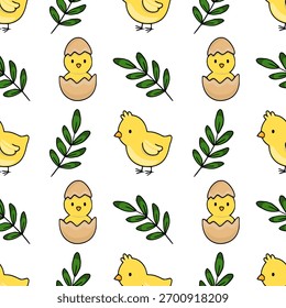 Seamless vector pattern of cute yellow chicks and green leafy branches on a white background, perfect for Easter and spring themes.
