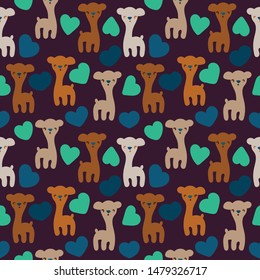 A seamless vector pattern with cute young llamas and hearts on a dark background. Surface print design.