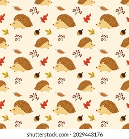 Patrón vectorial sin soldadura cutie hedgehog en otoño sobre fondo marrón claro, uso para patrón o fondo